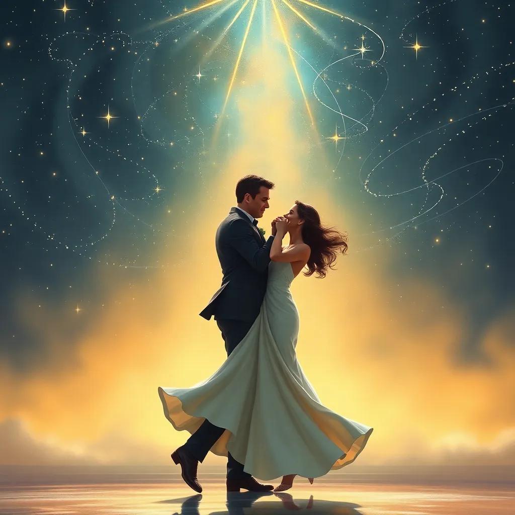James Bond and Mia, twirling happily under a sky full of shining stars, feeling the magic of the night as they dance together, digital painting, enchanting scene, soft colors, joyful spirit, high quality