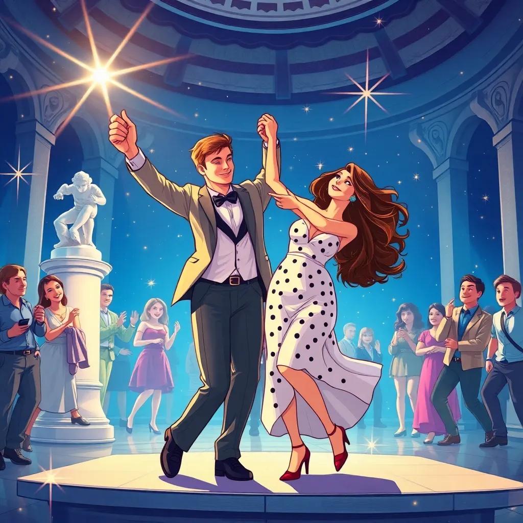 James Bond and Mia, celebrating their adventure with lively dance steps, surrounded by friends, laughter, and magical starlight, illustration, festive atmosphere, vibrant colors, cheerful image, heartwarming