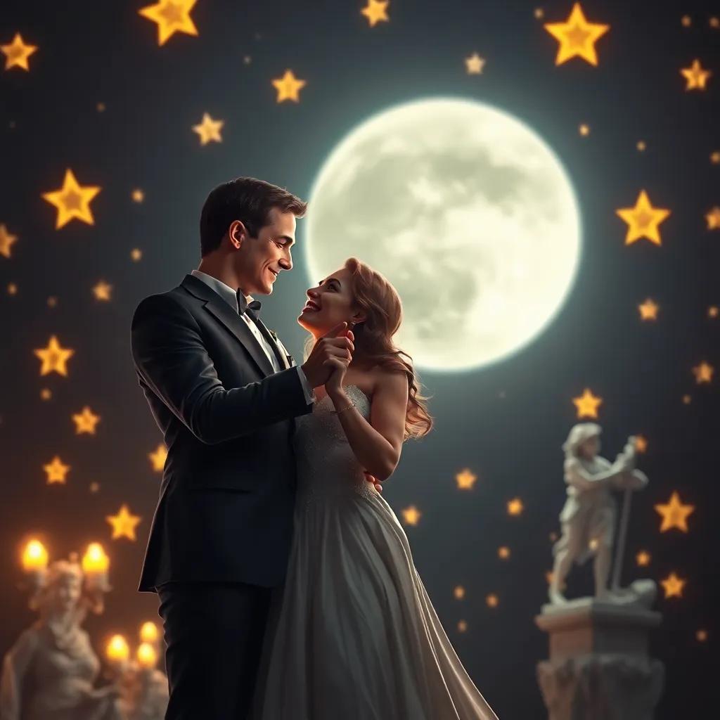 James Bond and Mia, enjoying a moonlit dance, surrounded by glowing stars, with a sense of wonder and joy, digital art, cozy scene, warm colors, enchanting atmosphere, high quality