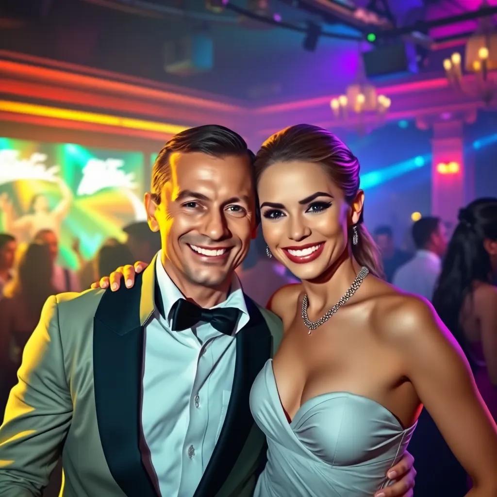 James Bond smiling with Mia, both ready to dance again, the club is lively in the background, excitement in the air, digital painting, cheerful ambiance, vibrant colors, high quality
