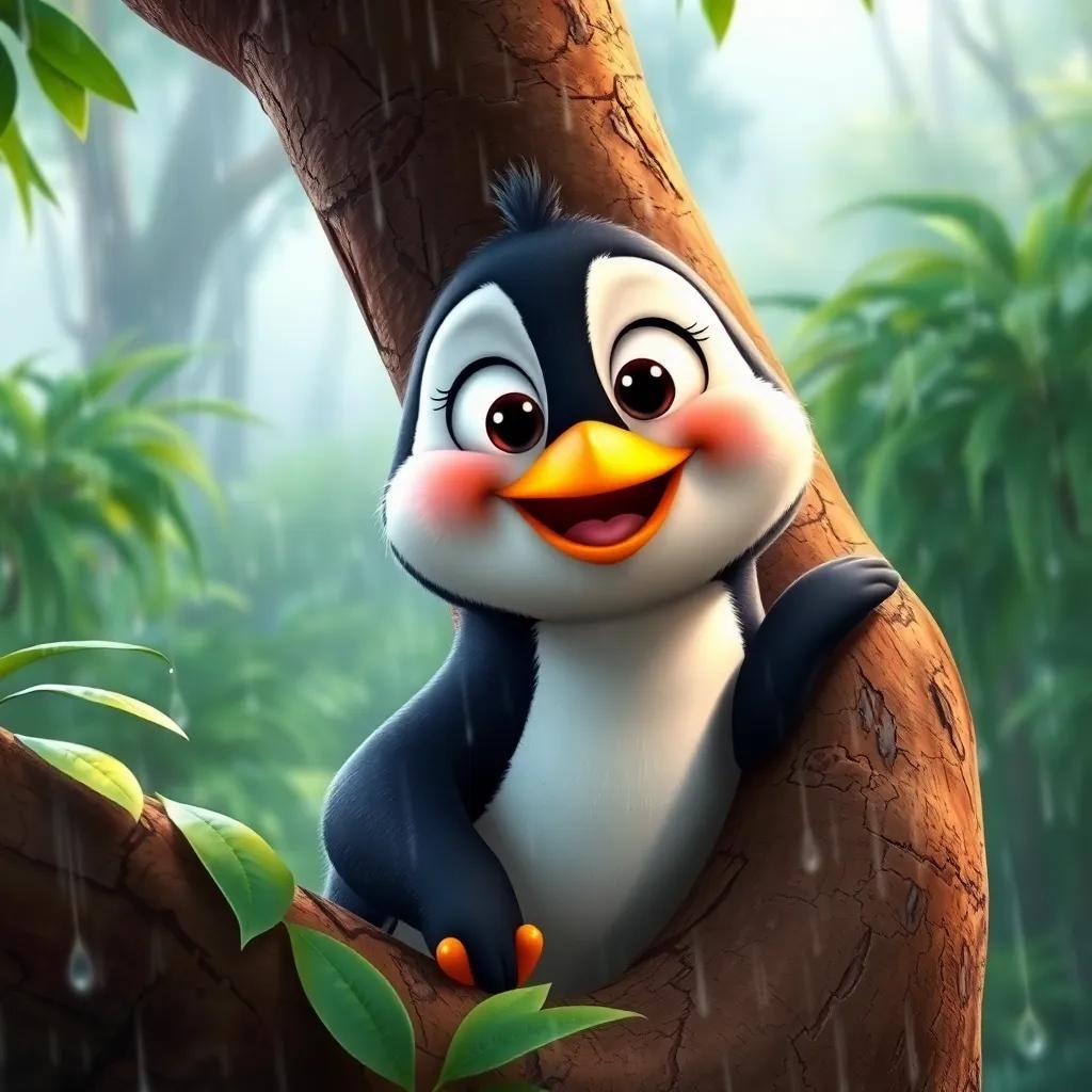 A cheerful penguin named James, looking out from a tree in a rainy forest, with big bright eyes and a happy smile, surrounded by lush greenery and raindrops, digital art, vibrant colors, warm atmosphere, high quality