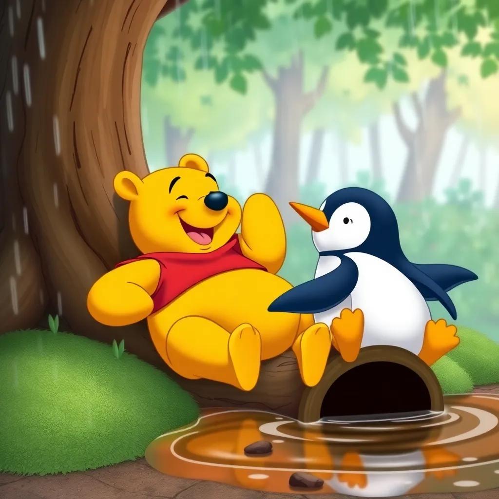 A happy bear named Pooh laughing beside James the penguin, both sliding down a tree trunk into a soft puddle on a rainy day, colorful forest background, joyful, playful scene, high quality