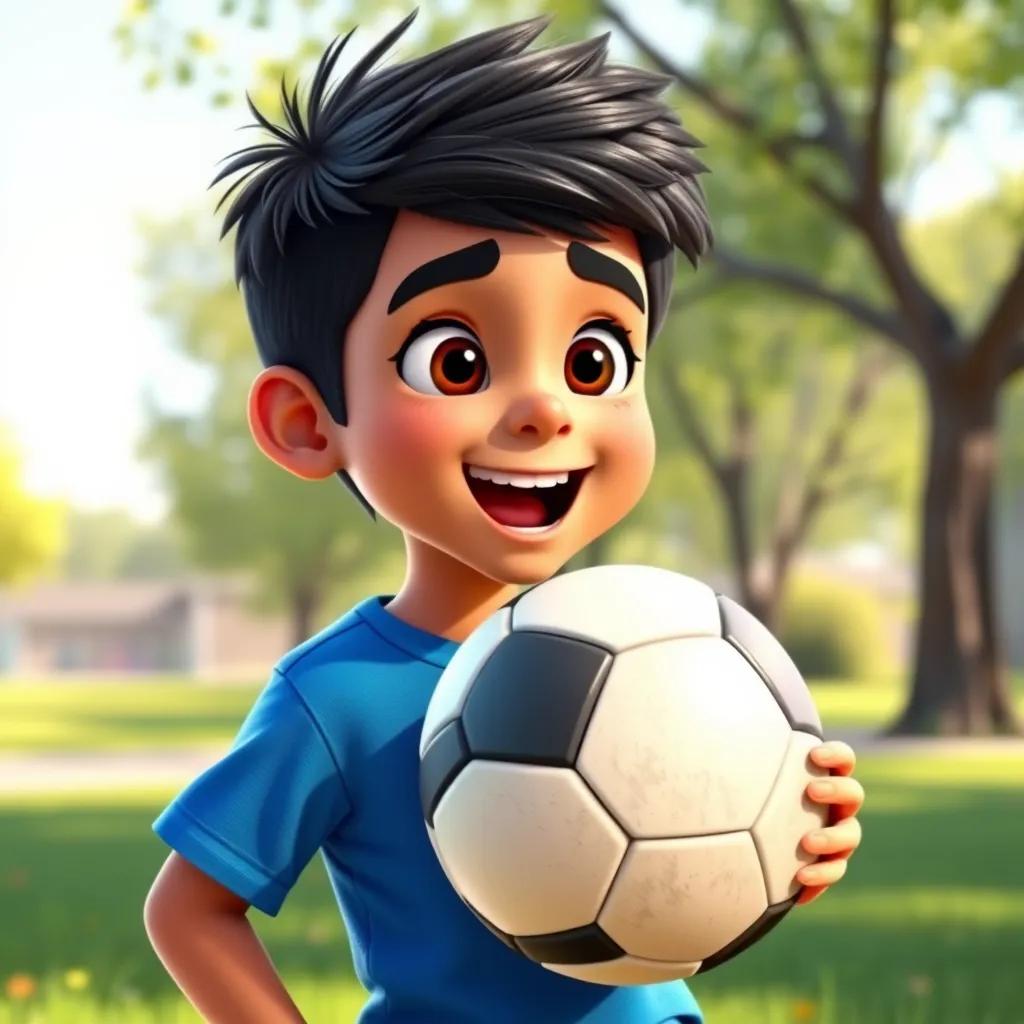 A young Arabic American boy, James, with short black hair, wearing a blue t-shirt and jeans, looking excited while holding a soccer ball with a sunny park in the background, digital art, bright colors, cheerful atmosphere, high quality