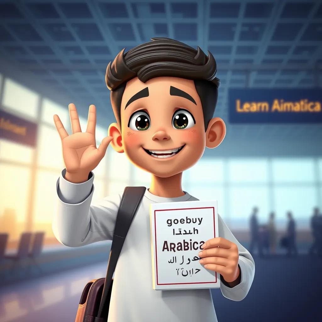 James, a young Arabic American boy, waving goodbye at the airport with a big smile, holding a book titled 'Learn Arabic', showing confidence and happiness, digital art, soft colors, uplifting imagery, high quality