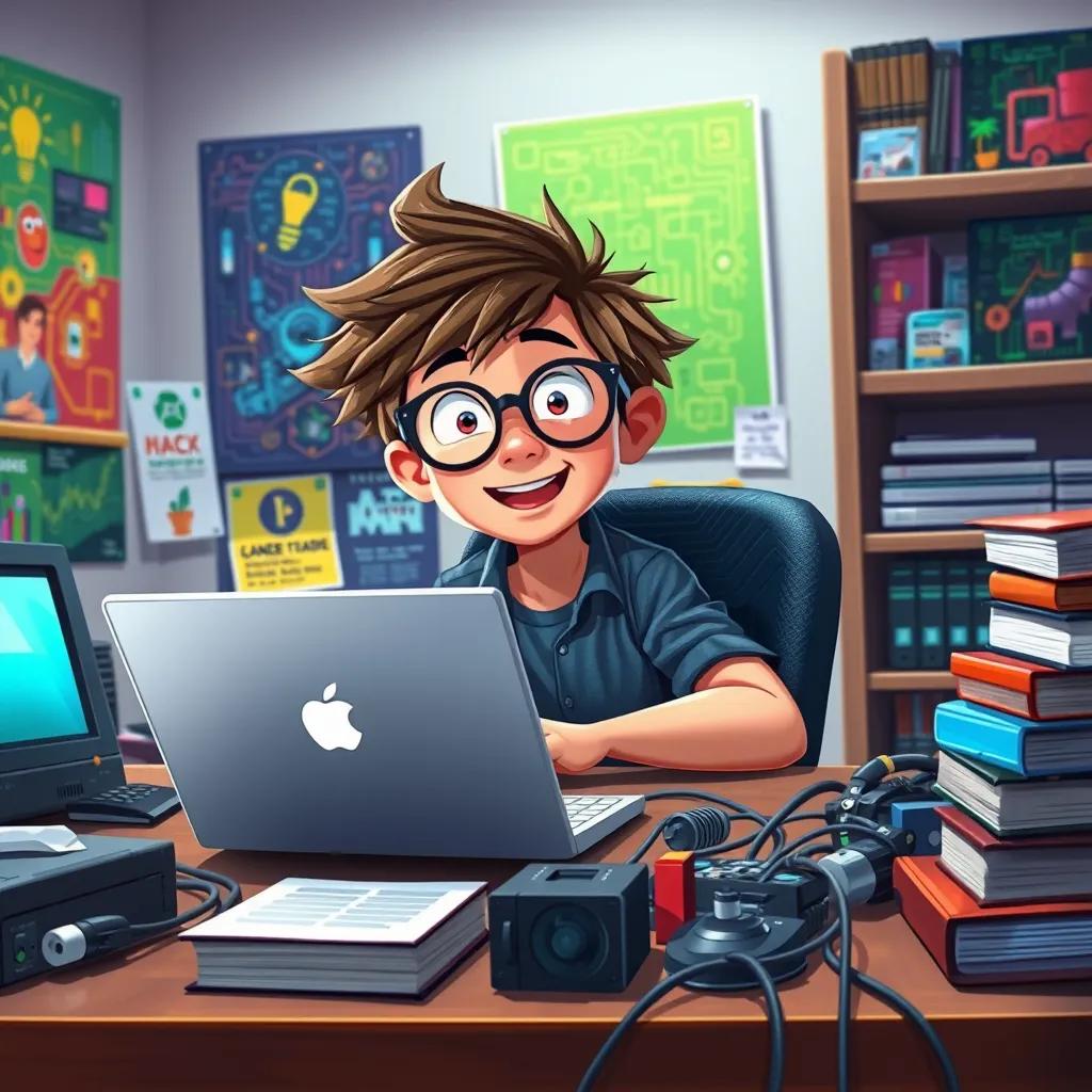 A vibrant boy named James McAfee with messy hair and glasses is sitting at a desk filled with computer parts and books about cybersecurity. He looks excited as he researches on his laptop, with colorful posters of technology on the walls behind him.