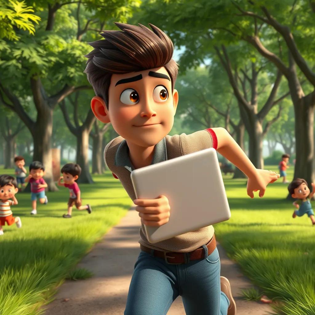 A digital scene where James, looking determined, races through a lively park filled with green trees and children playing. He holds his laptop tightly while glancing back as if being chased, with a look of focus and bravery on his face.