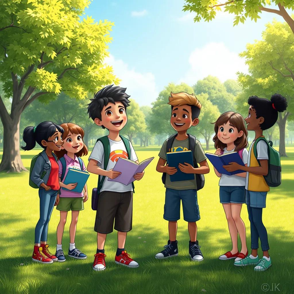 James stands with his friends in the park, all laughing and discussing a plan. The group is diverse, including children of different backgrounds. They have notebooks and laptops open, brainstorming with excitement under a bright sunny sky.
