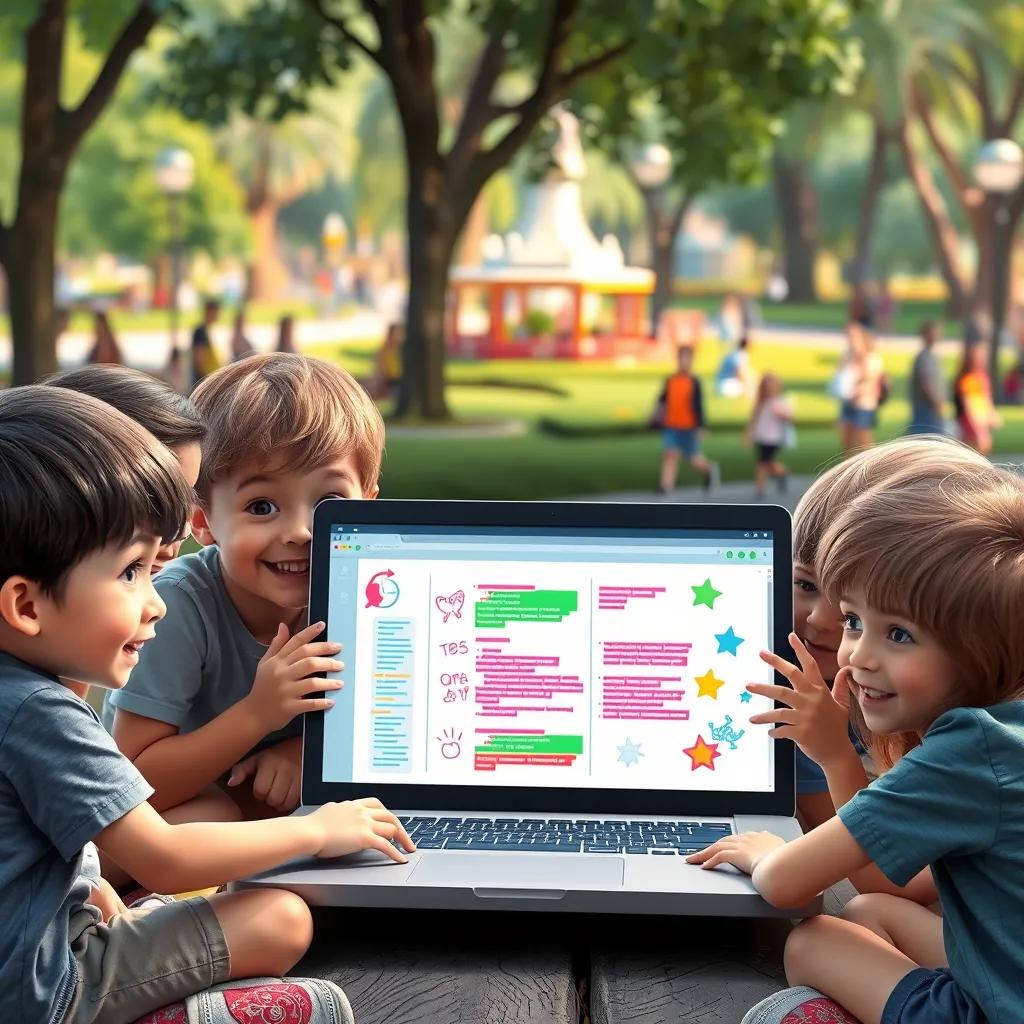 The children are gathered around a large laptop with colorful drawings and codes on the screen. They work together, making gestures of excitement and smiles while the park is bustling in the background, emphasizing teamwork and camaraderie.