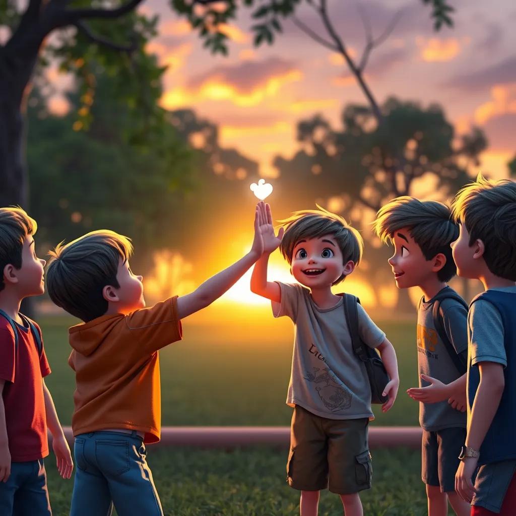 An epic scene where the children, including James, celebrate their victory in the park. They high-five each other, and there’s a digital glow around them, symbolizing their success. The sunset creates a warm and joyful atmosphere in the background.