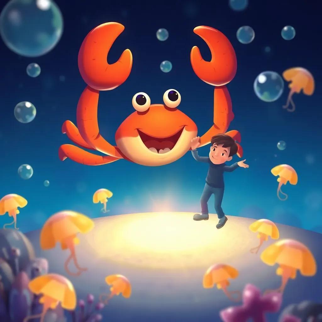 A happy crab named Leo, clapping his claws, watching James dance surrounded by bubbles and glow of jellyfish, illustration, cheerful, playful mood, children-friendly