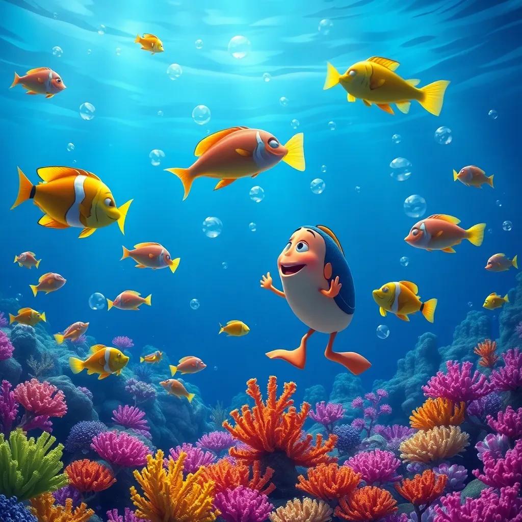 A stunning underwater scene with colorful fish gathered to watch James dance, bubbles floating around, colorful corals in the background, digital painting, lively colors, enchanting view, high quality