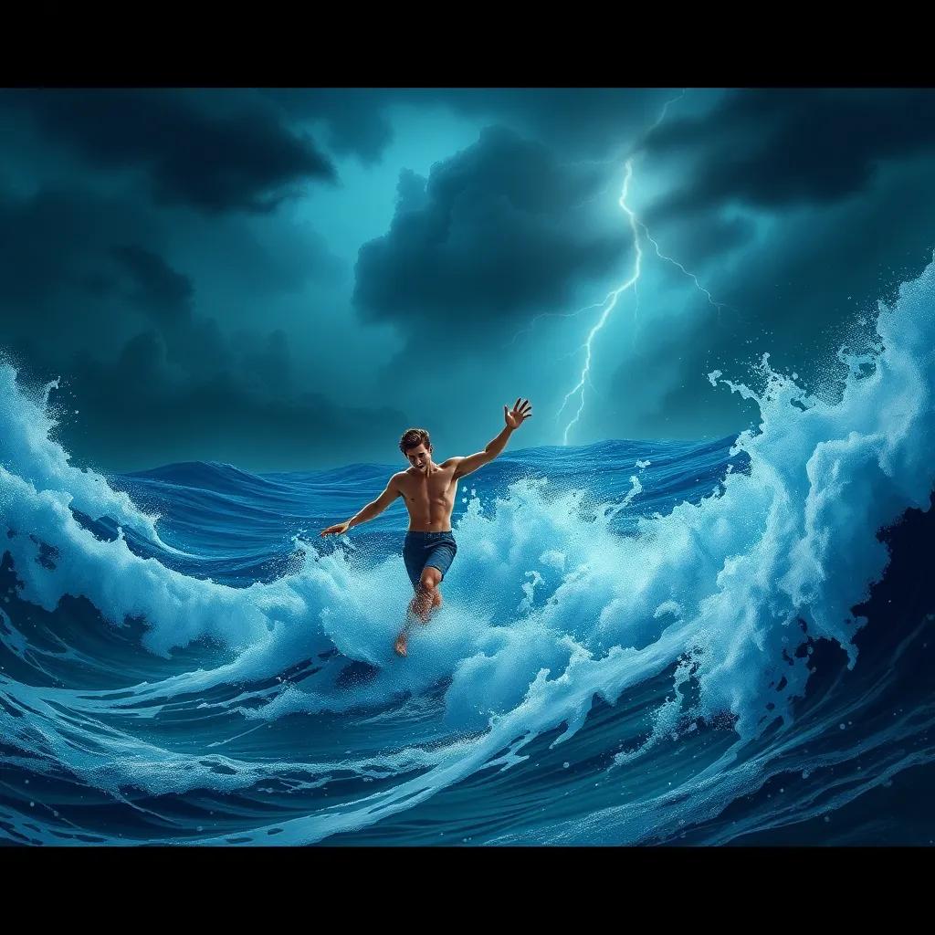 A stormy ocean scene with James bravely dancing in high waves and dark clouds, lightning flashing in the background, digital painting, dramatic light, intense colors, storytelling angle