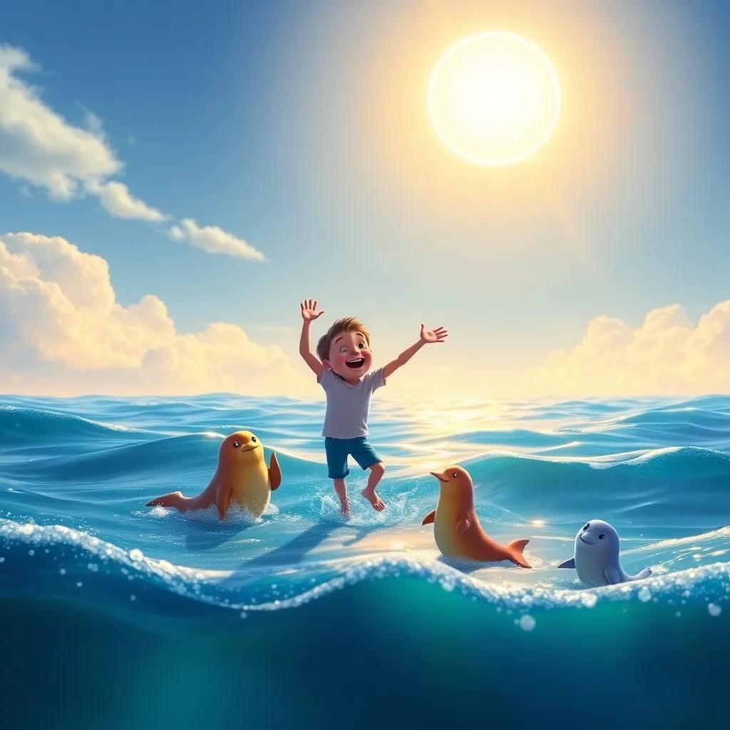 A peaceful ocean scene with James dancing joyfully under a bright sun after the storm, sea animals cheering him on, digital art, warm colors, uplifting atmosphere, high quality