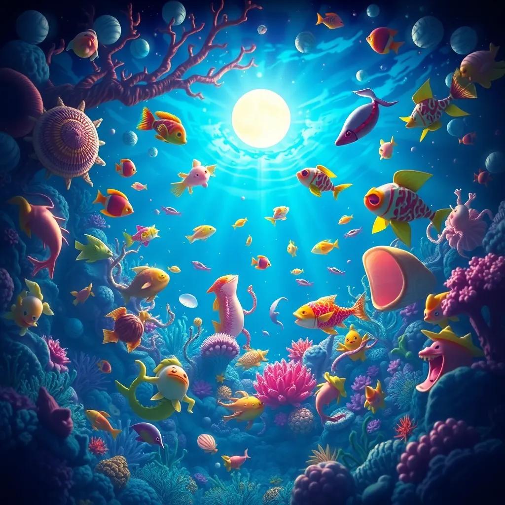 A beautiful underwater ball with all sea creatures, fish and shells dancing under moonlight, magical ambiance, rich colors, fantasy scene, high quality