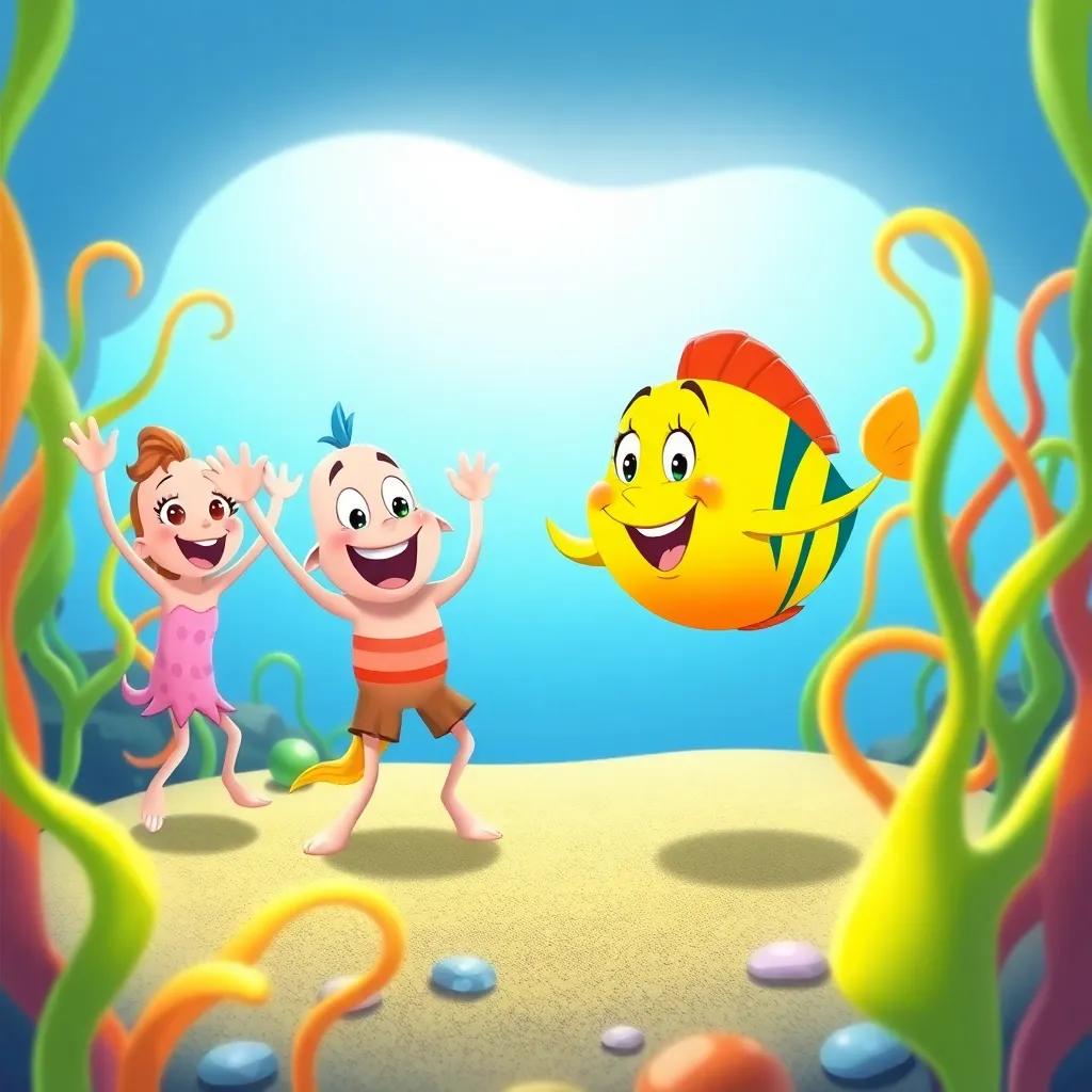 A joyful scene of James and his friends dancing together, colorful seaweed swaying around them, bright ocean backdrop, playful, cheerful illustration, child-friendly