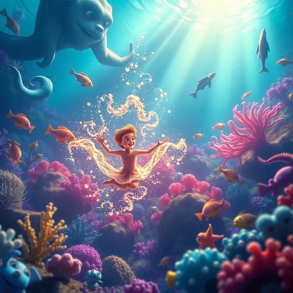 An enchanting underwater landscape with James shimmering and twirling amongst sea creatures, vivid colors, whimsical glow, engaging angle, high quality
