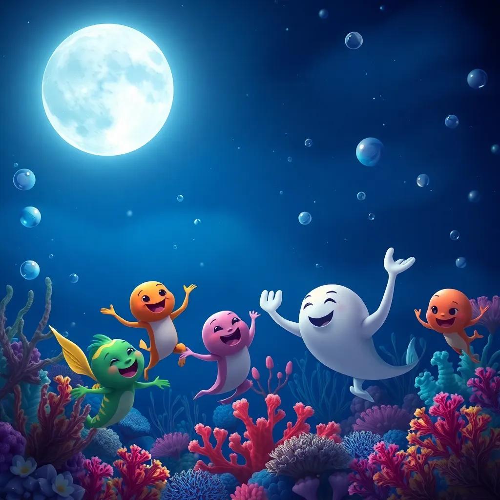 A nighttime scene with a beautiful moon illuminating dancing sea creatures, happy expressions, colorful corals and bubbles, delightful atmosphere, digital painting, fairy tale style, high quality
