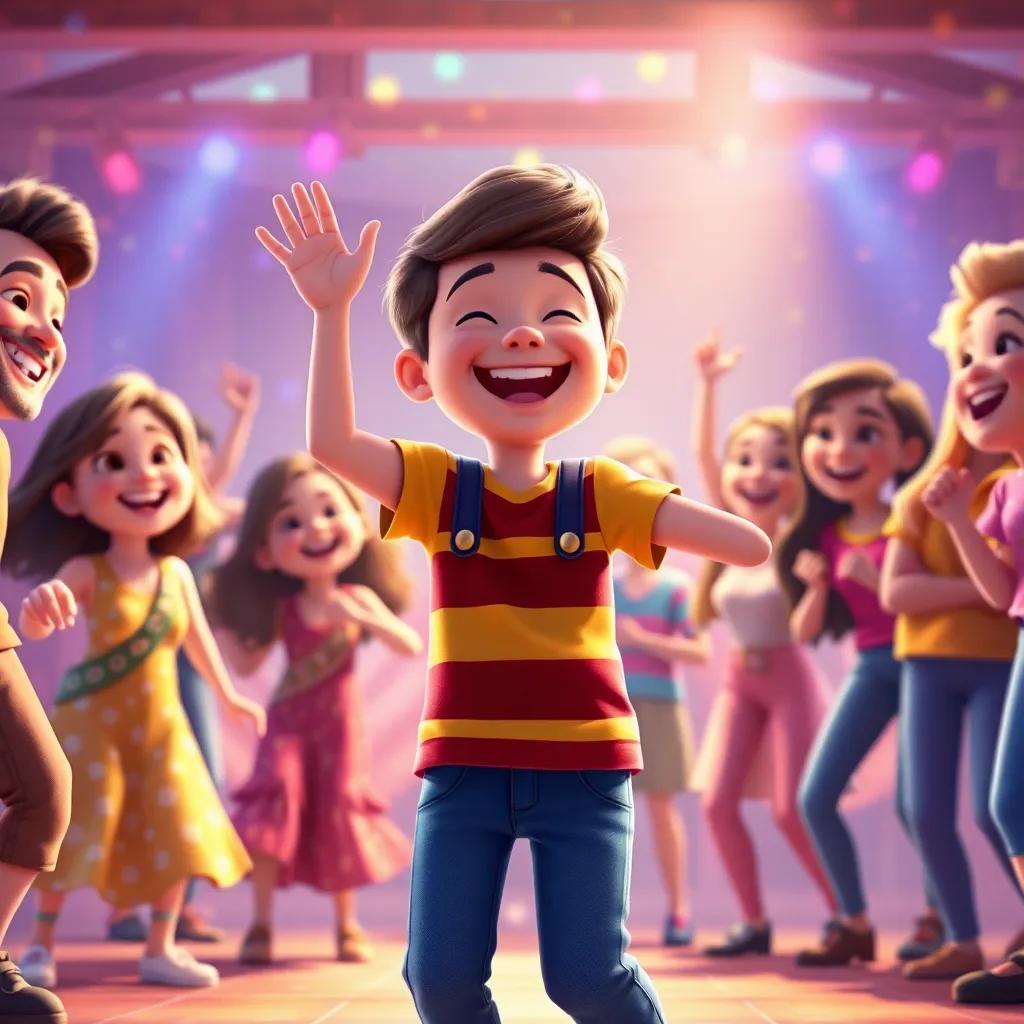 A heartwarming moment of James happily dancing with his friends, surrounded by laughter and joy, vibrant colors, uplifting mood, digital art, high quality