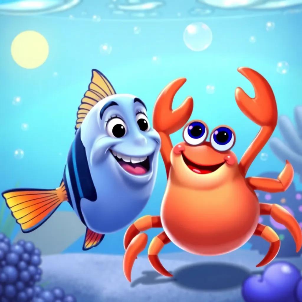 James the fish dancing with a crab named Clara, both smiling and joyful, in a sunny underwater scene, bubbles floating around them, colorful illustration, lively, inviting