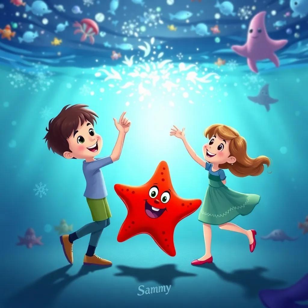 James and Clara dancing with a red starfish named Sammy, all three having fun under a shimmering ocean, with a backdrop of sea creatures enjoying the dance, digital painting, vivid colors, friendly