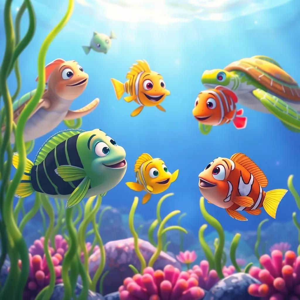 A group of fish and sea turtles watching James and his friends dance, with seaweed swaying to the rhythm, in a bright and lively underwater world, illustration, cheerful, vibrant