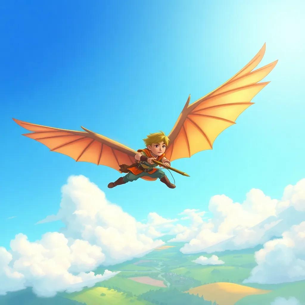 A brave huntsman named James with sleek wings, soaring over a bright blue sky filled with fluffy clouds, vibrant landscapes below, digital art, colorful, high quality
