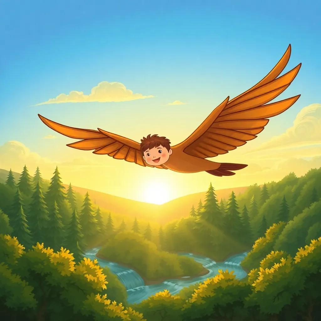 James, the flying huntsman with majestic wings, gliding over lush green forests and sparkling streams at sunrise, illustrating the beauty of nature, illustration, cheerful, adventure theme, warm colors