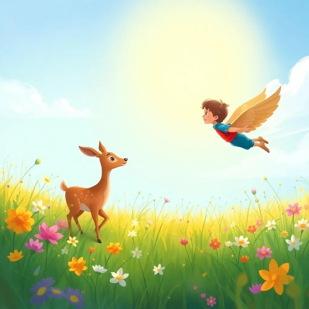 James spotting a gentle deer in a meadow while flying, the sun shining and flowers blooming around, a sense of friendship in the air, digital painting, colorful, uplifting atmosphere, soft light