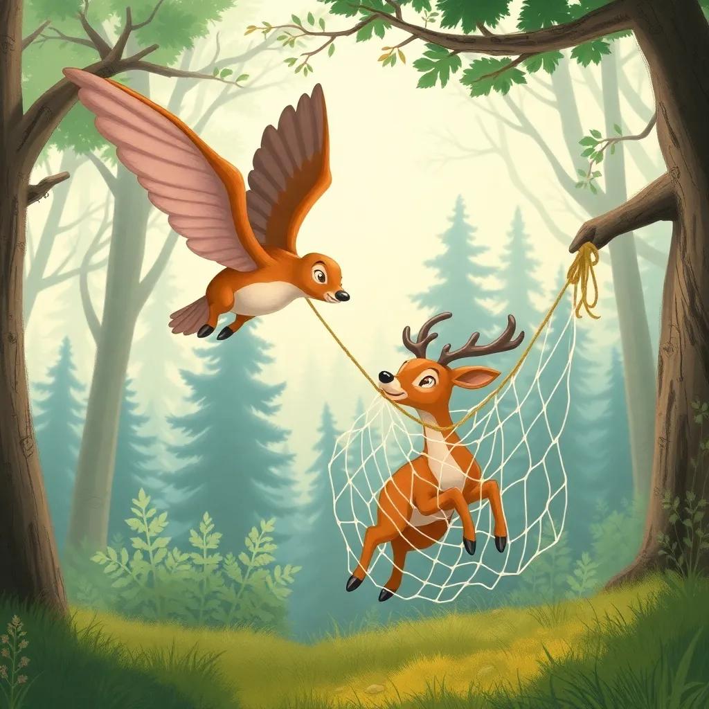 James swooping down to help the trapped deer entangled in a net, showing determination and care, a serene forest backdrop, highly detailed, warm light, kind-hearted scene