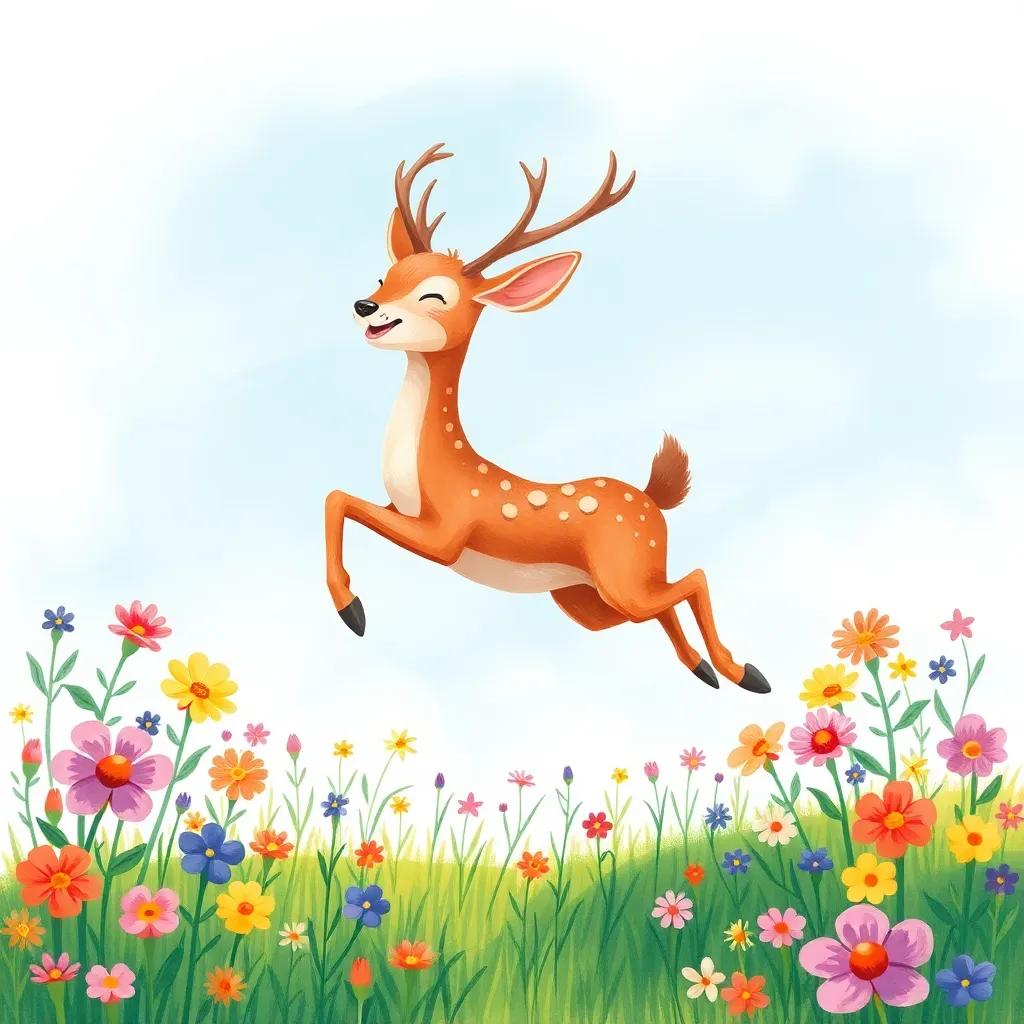 The deer leaping high with joy after being freed, dancing in a meadow full of vibrant flowers, under a clear blue sky, joyful ambiance, whimsical, colorful, enchanting