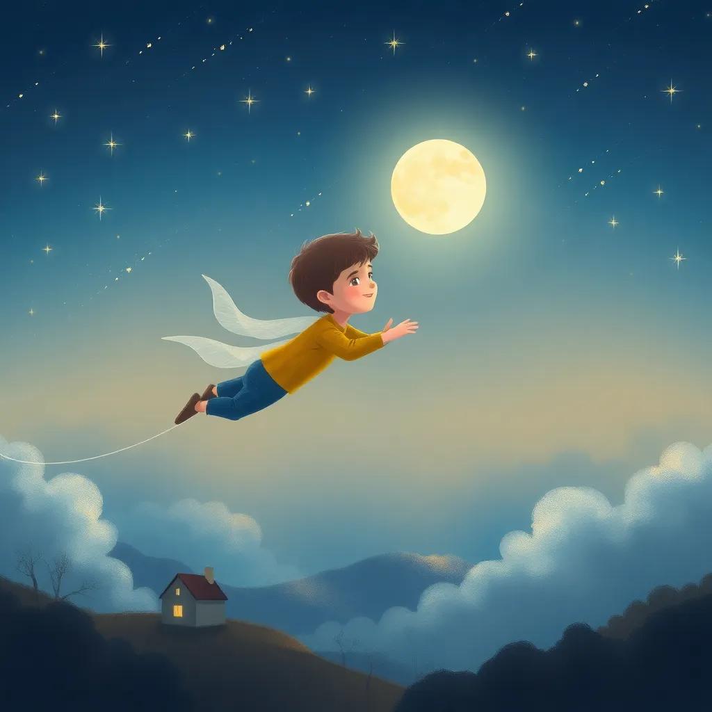 James flying back home as the stars twinkle, the moon casting gentle light over the world, a peaceful and magical evening scene, digital art, dreamy, soft hues, rich quality
