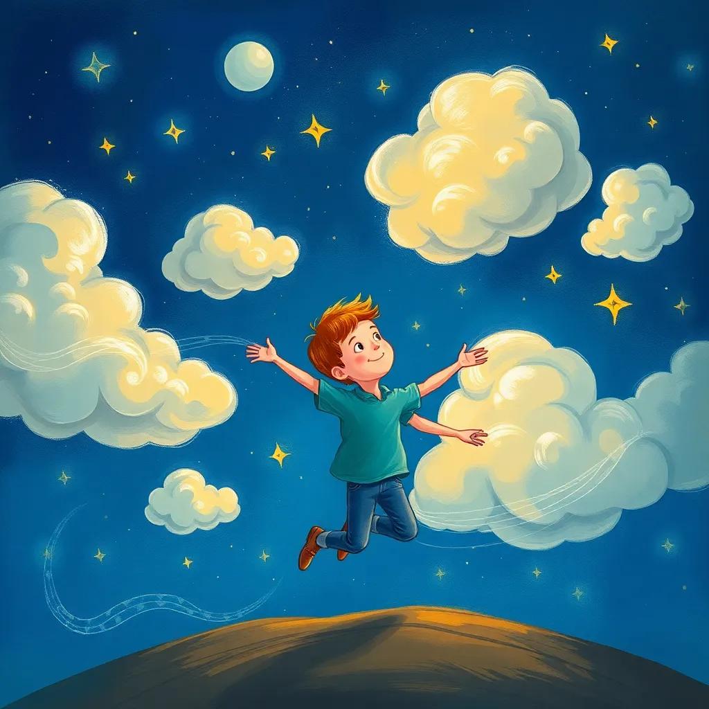 James dancing with the clouds in the night sky, magical wisps around him, feeling alive and connected, with twinkling stars, imaginative, vivid colors, fantasy