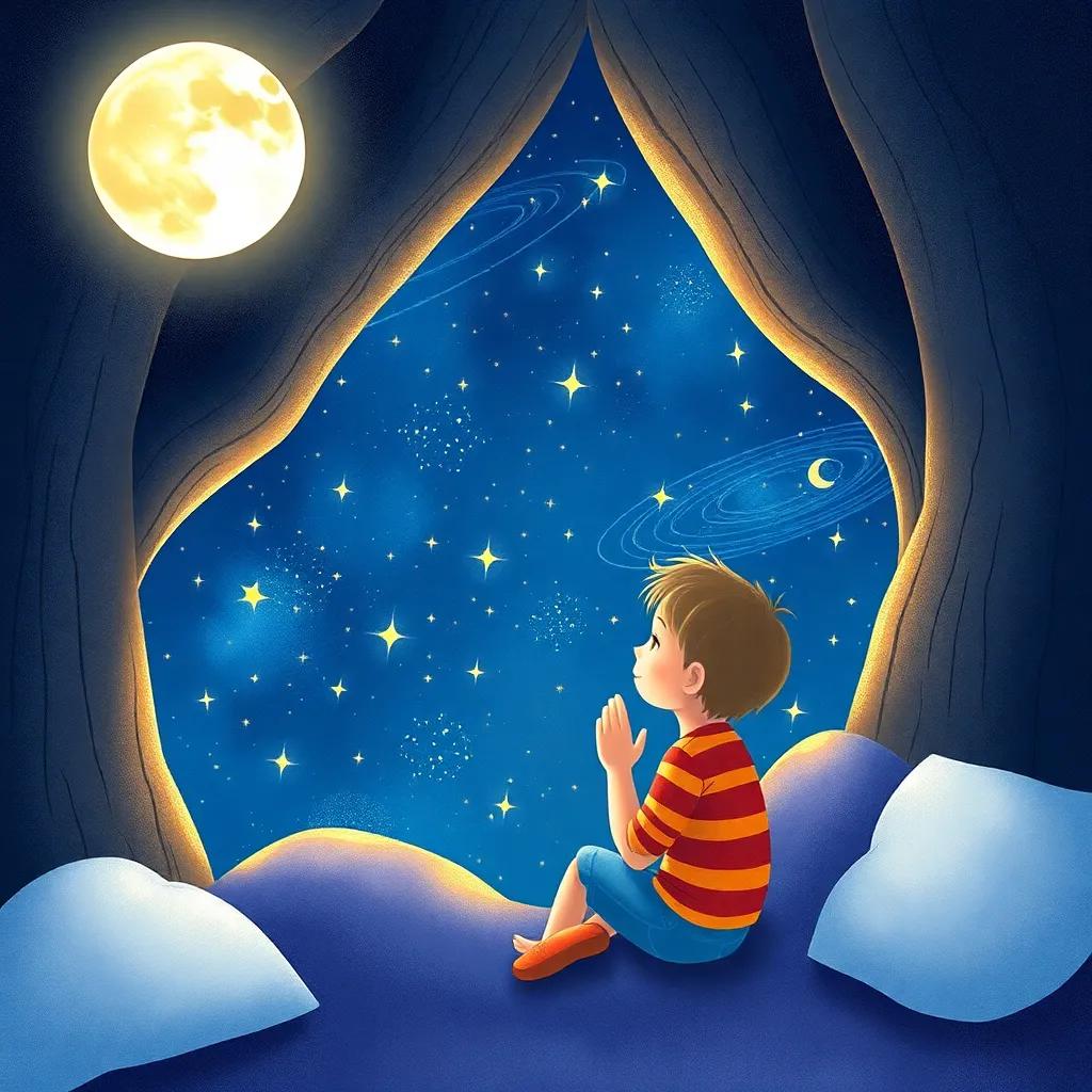 James learning about the skies from the moon in a night-lived nook, bright cosmic patterns and soft glowing light, whimsical fantasy feel, inspiring, child-friendly, engaging