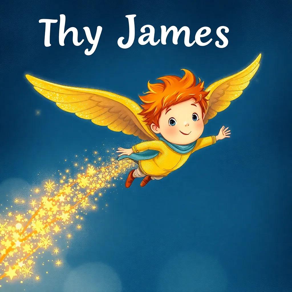 James flying with a trace of sparks behind him, glittering as he moves through the night sky, full of kindness and adventure, magical essence, high detail, majestic glow