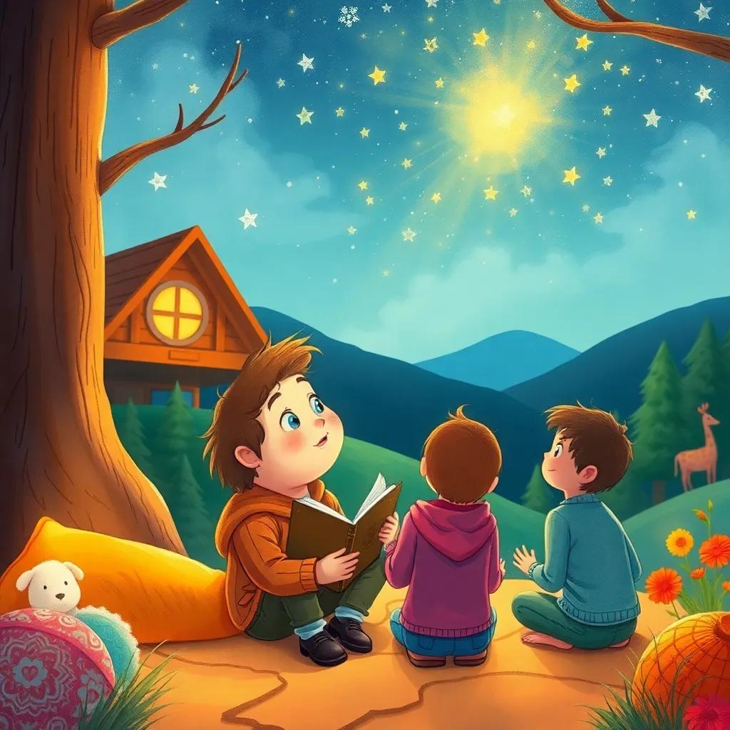 A warm scene of James with children looking up at the sky, sharing stories of his adventures, surrounded by a cozy landscape, heartwarming, inviting atmosphere, vibrant colors