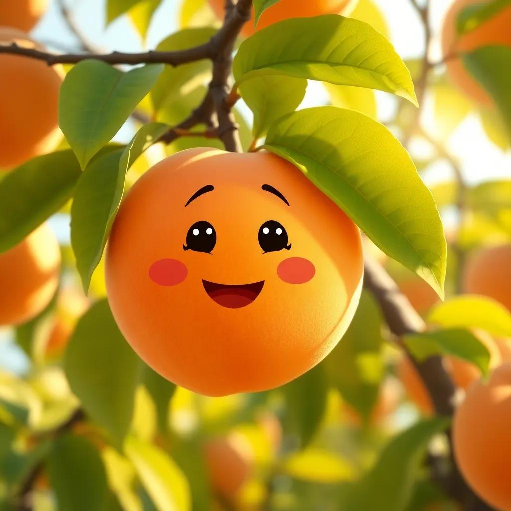 A bright, round peach named James on a tree with green leaves, sunlight shining, digital art, cheerful colors, playful atmosphere, high quality