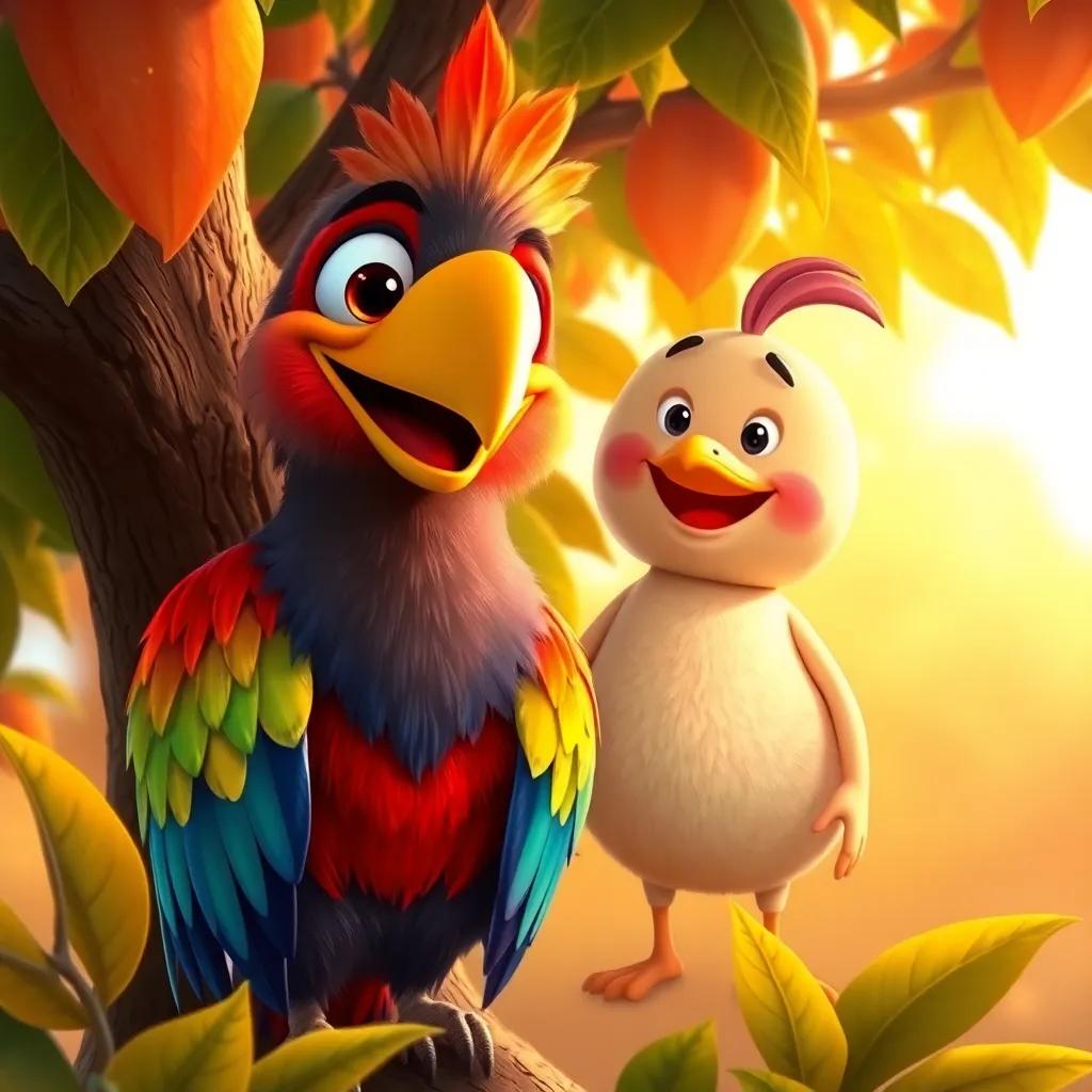 A big, friendly bird with colorful feathers beside James the peach on the tree, inviting smile, vivid surroundings, illustration, child-friendly, warm light, high quality
