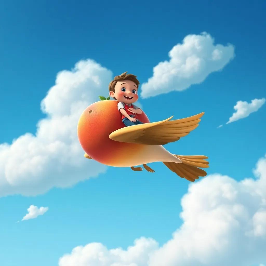 James the peach riding on the bird's back, soaring through a blue sky, fluffy white clouds, both smiling happily, detailed digital art, bright colors, whimsical view, high quality
