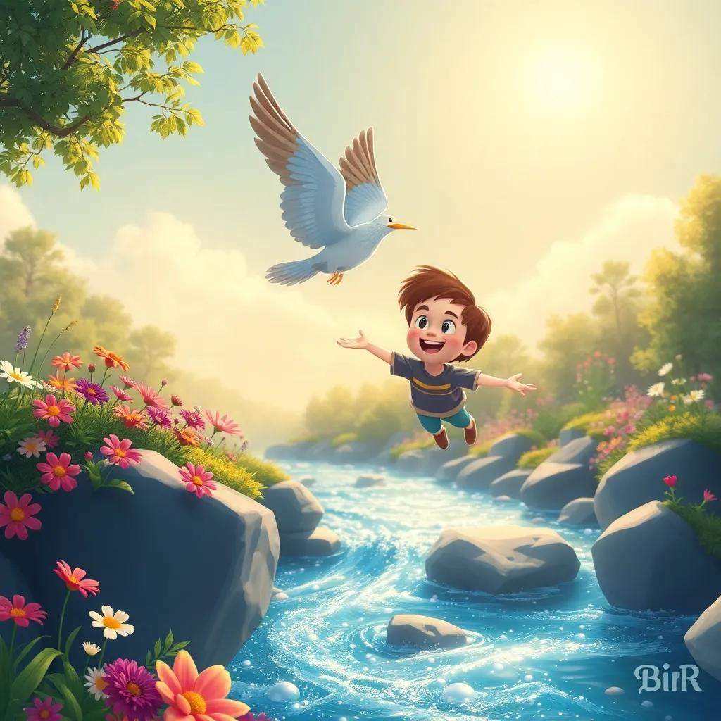 James and the bird flying over a sparkling river, with colorful flowers below, sun shining bright, joyful scene, illustration, warm colors, delightful atmosphere, high quality