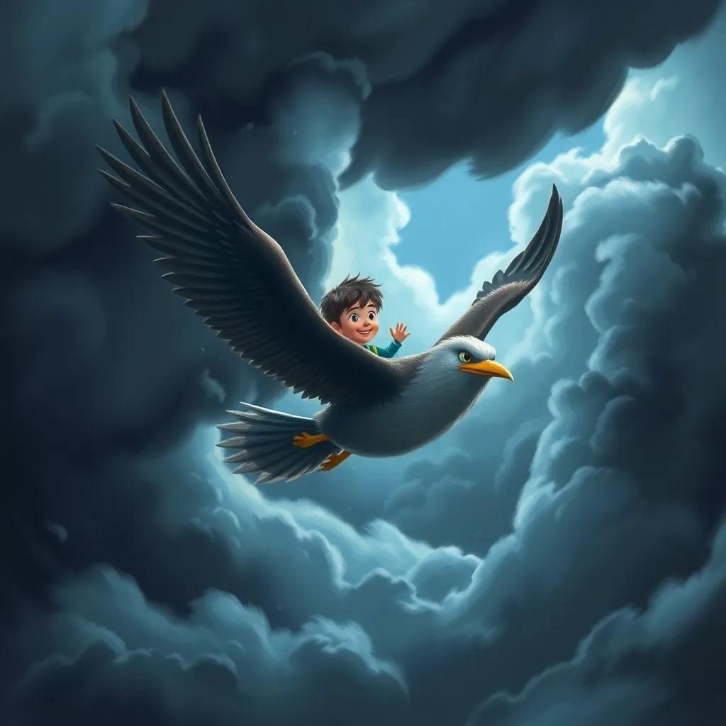 James and the bird flying through a dark storm, clouds swirling around, showing bravery, strong winds, detailed digital art, dramatic colors, high quality