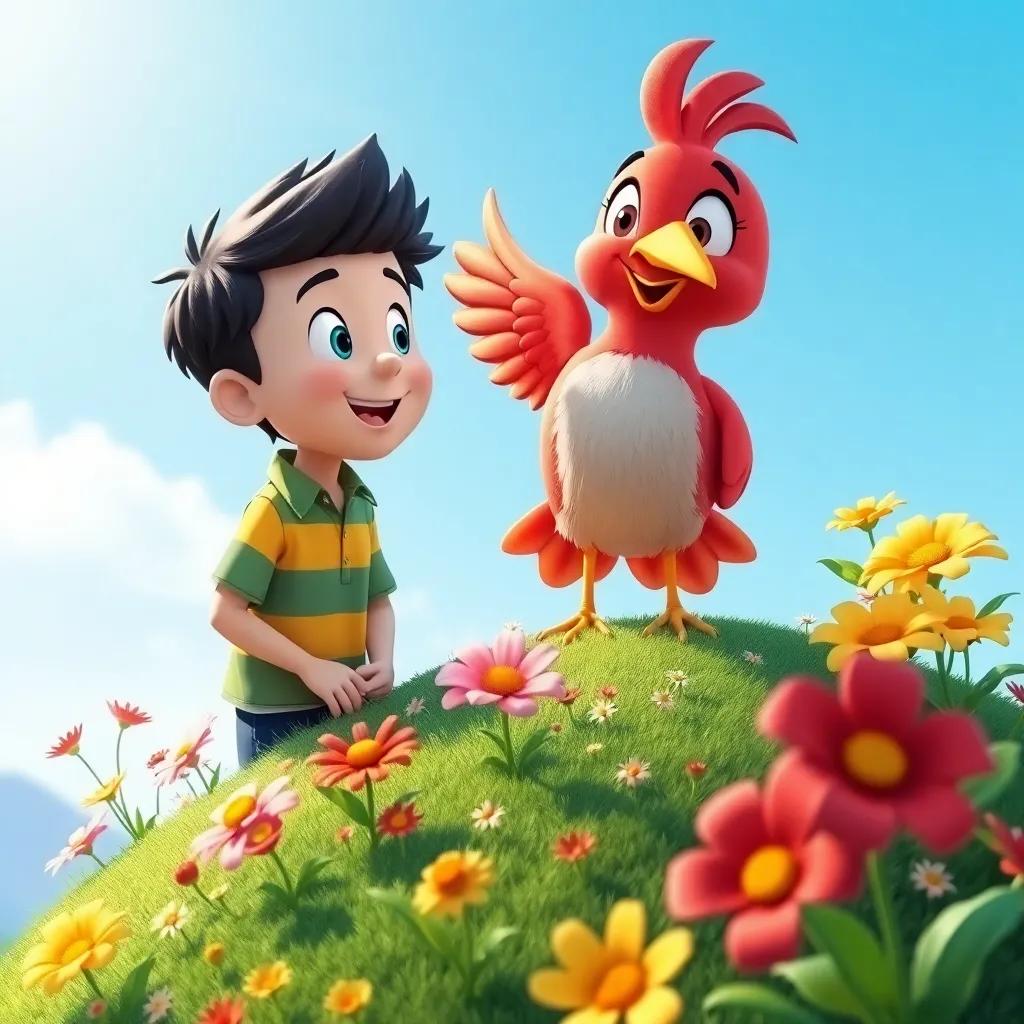 James and the bird landing on a sunny hilltop, surrounded by vibrant flowers, both looking around in wonder, bright colors, cheerful atmosphere, high quality