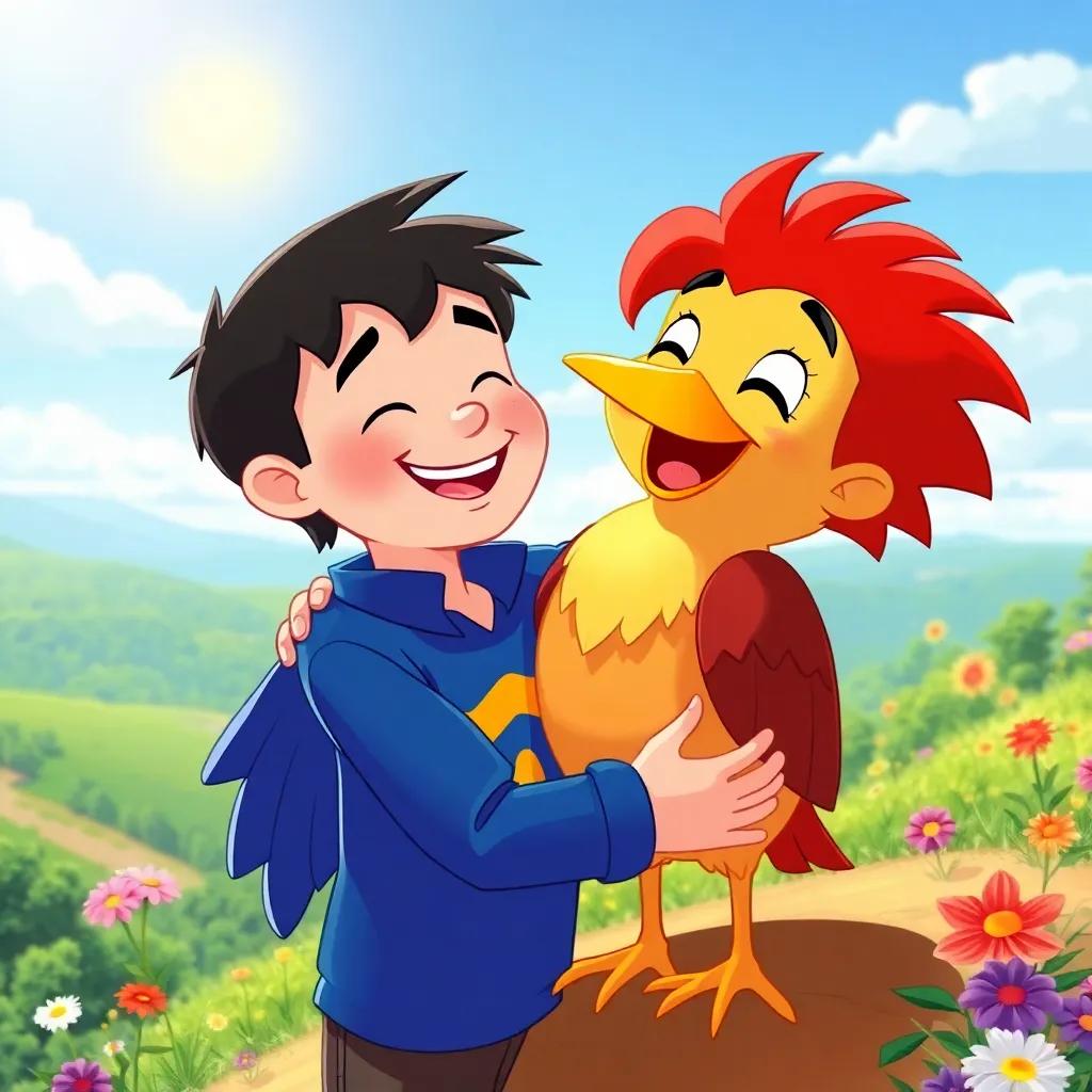 James and the bird sharing a joyful hug on the hilltop, warm smiles, bright sunshine, colorful nature around, heartwarming scene, illustration, vivid colors, high quality