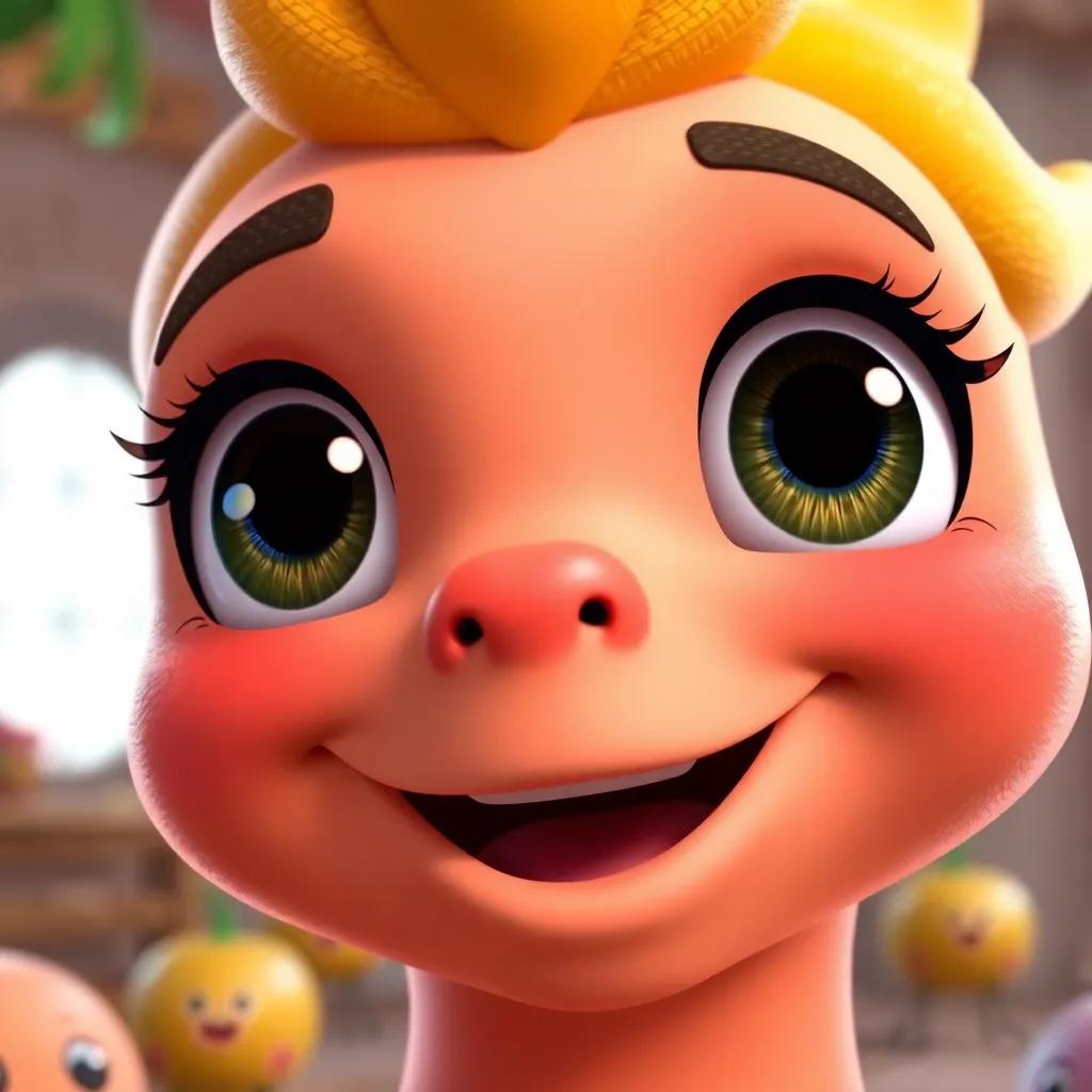 A close-up of James the peach looking happy, with sparkly eyes, bright colors around, playful and friendly atmosphere, high quality