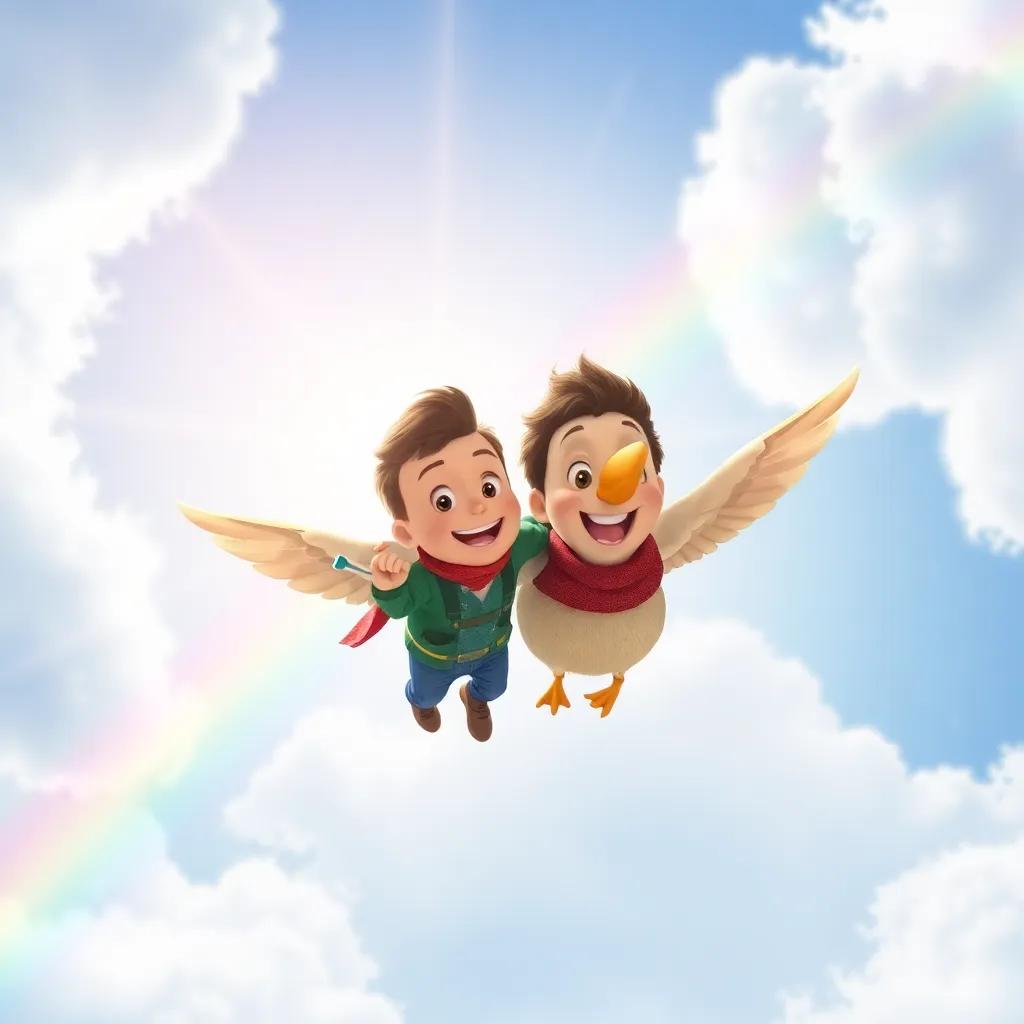 James and the bird flying together again, through a bright sky with a rainbow, adventure-filled, cheerful colors, joyful atmosphere, high quality