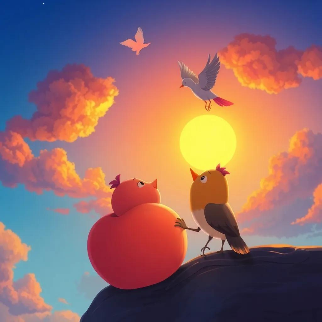 James the peach and the bird in the sky, watching the sunset together, colorful clouds, heartwarming friendship scene, illustration, vibrant hues, high quality