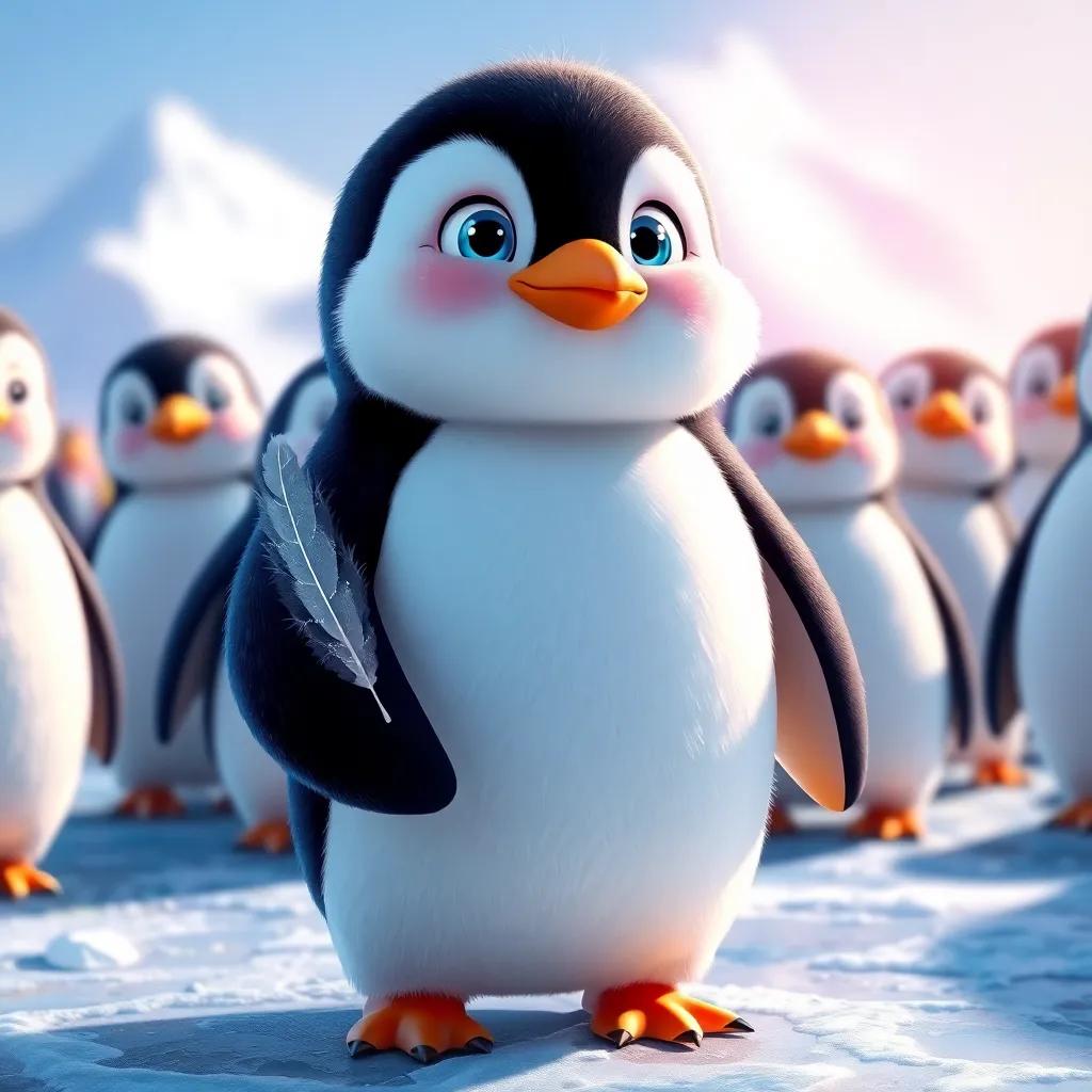 A cute penguin, James, with sparkly blue eyes and fluffy white feathers, standing on an icy shore with a twinkling feather in his flipper, surrounded by other penguins who look surprised, bright sunny day, playful mood, colorful, charming atmosphere