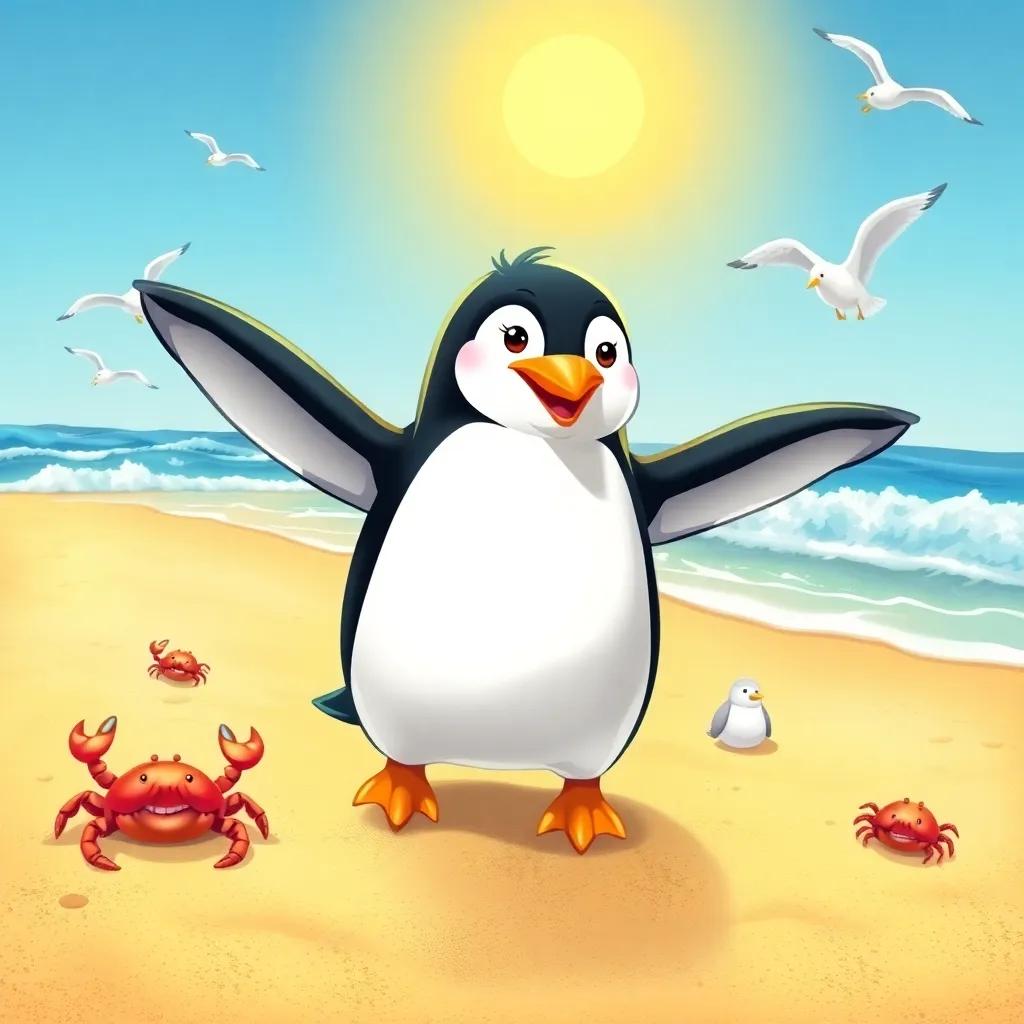 James the flying penguin, standing on a sandy beach with a bright sun above, surrounded by happy animals like crabs and seagulls, playful waves in the background, illustration, sunny and fun, warm inviting colors, detailed and charming