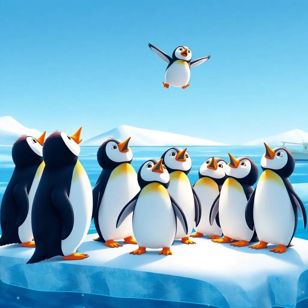 A group of amazed penguins standing on an ice floe, looking up at James the flying penguin, the ocean sparkling around them, illustration, friendly and inviting, child-friendly