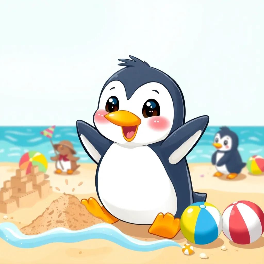 A happy penguin, James, with a shiny golden beak, playing on the warm sandy beach, surrounded by friends, building sandcastles, colorful beach balls and splashing waves, illustration, fun and friendly, warm summer light, lively atmosphere, high quality