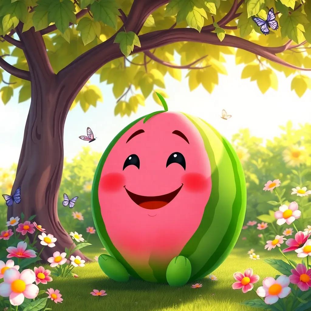 A bright pink watermelon named James, with a big smile, sitting under a shady tree, surrounded by flowers and butterflies, cheerful, digital art, vibrant colors, sunny atmosphere, high quality